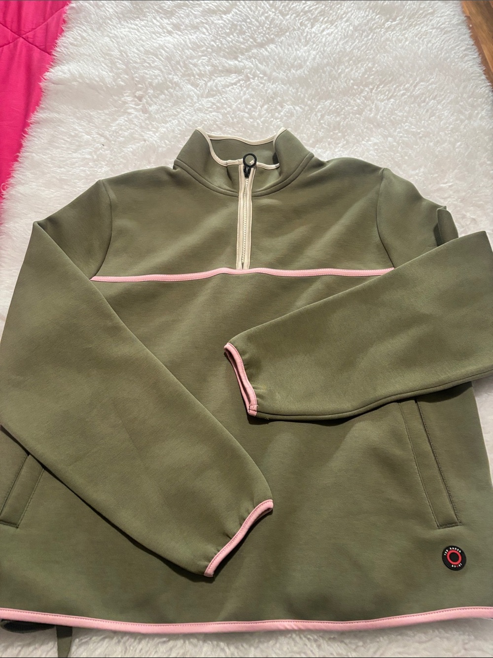 Ted Baker Olive Green Quarter-Zip Sweater with Pink Trim